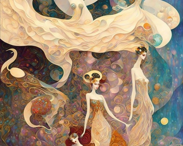 Surreal Composition of Ethereal Figures in Gowns