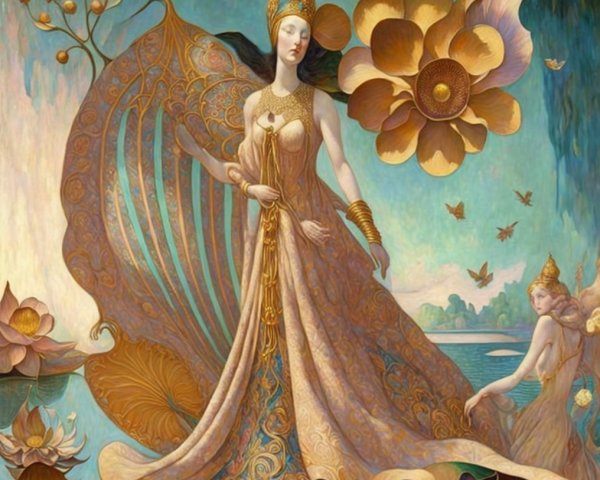 Majestic Figure in Ornate Gown by Tranquil Water