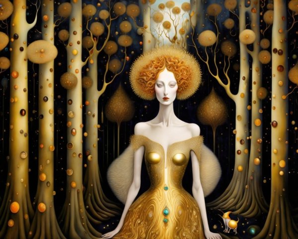 Surreal Scene of Woman in Golden Gown in Enchanted Forest