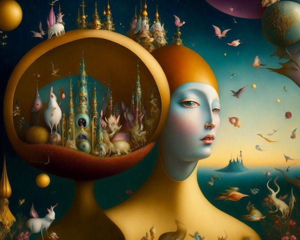 Surreal landscape with split head revealing whimsical world