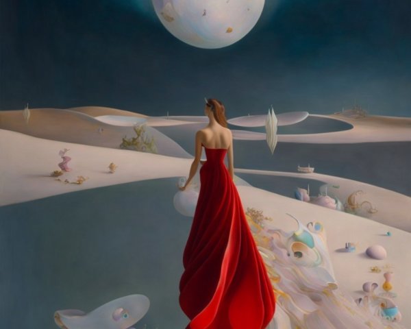 Surreal Landscape with Moon and Woman in Red Dress