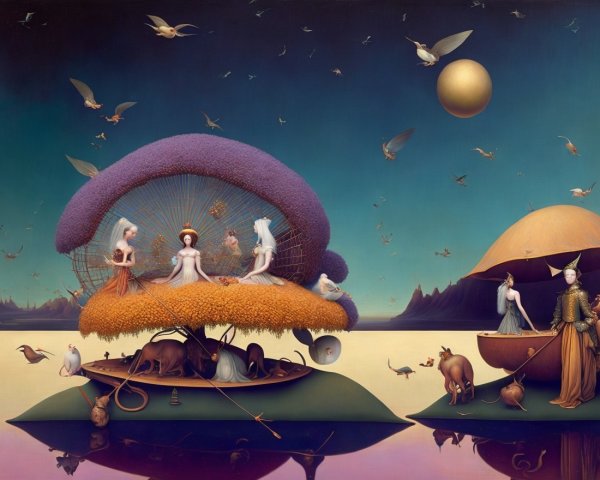Surreal Landscape with Ethereal Figures and Fungi
