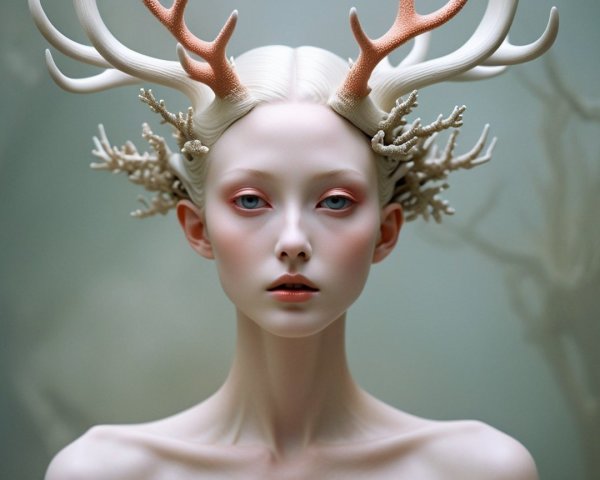 Ethereal Figure with Coral Antlers and Pale Skin