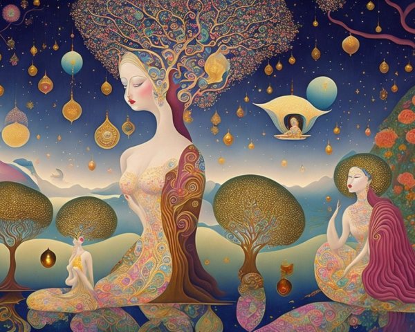 Surreal Landscape with Vibrant Colors and Serene Figures