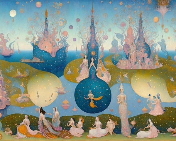 Whimsical Dreamlike Landscape with Colorful Towers