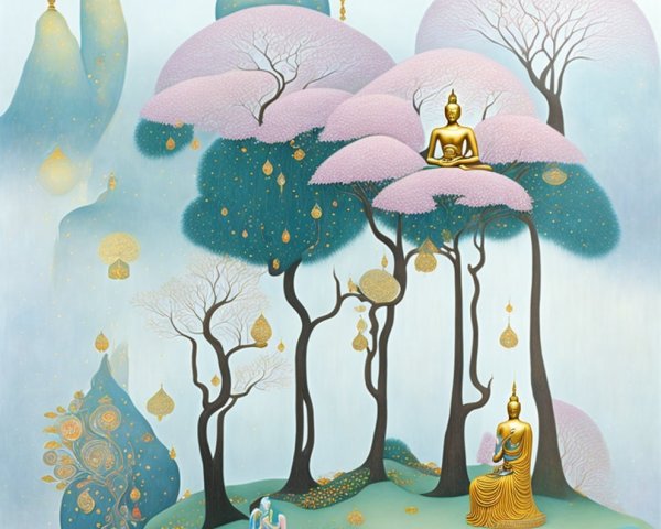 Serene Landscape with Buddhas and Lush Trees