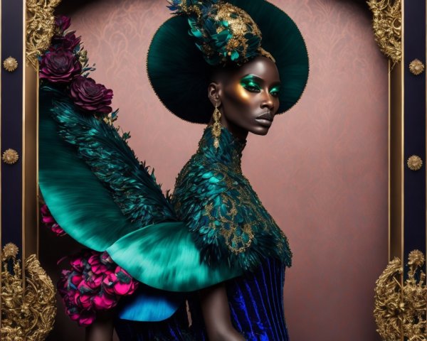 Vibrant Fashion Portrait with Luxurious Gown and Headpiece