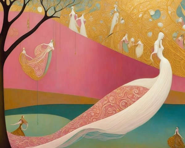 Whimsical Scene with Flowing Gown in Pink Landscape