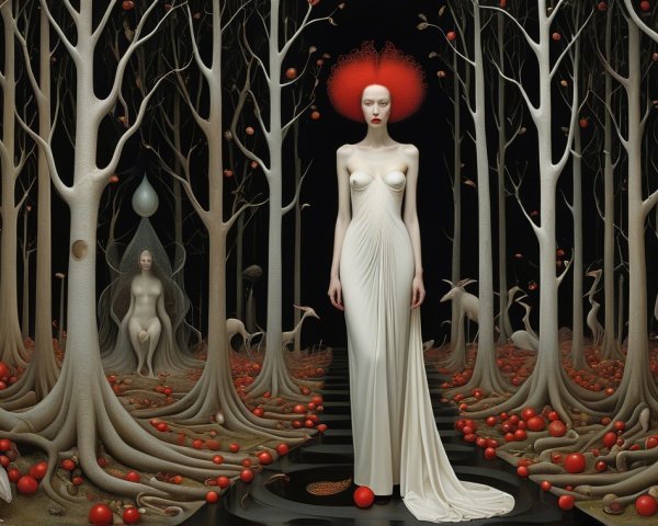 Surreal forest scene with pale figure and red apples
