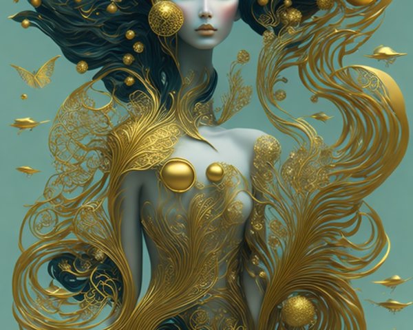 Surreal Woman with Flowing Hair and Golden Patterns