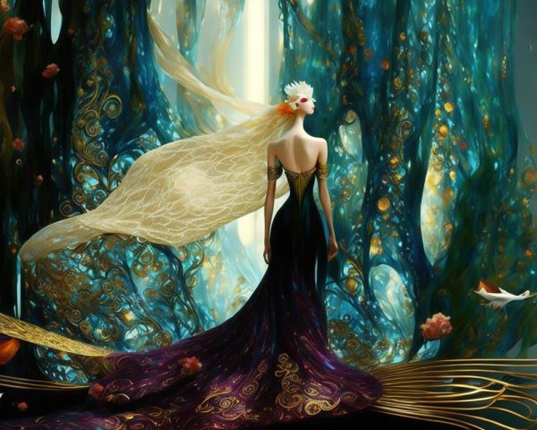 Mystical figure in vibrant enchanted forest setting