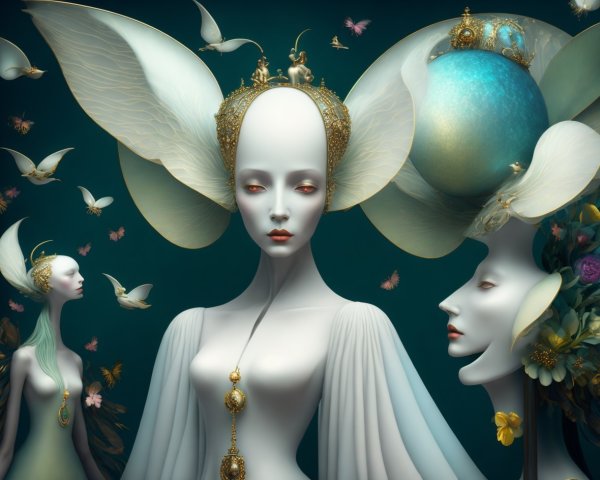 Surreal Scene with Ethereal Figures and Butterflies
