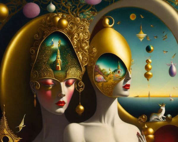 Elegant figures with gold headpieces in a surreal landscape