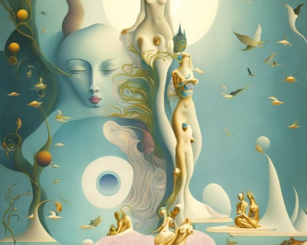 Surreal Landscape with Ethereal Figures and Pastel Colors