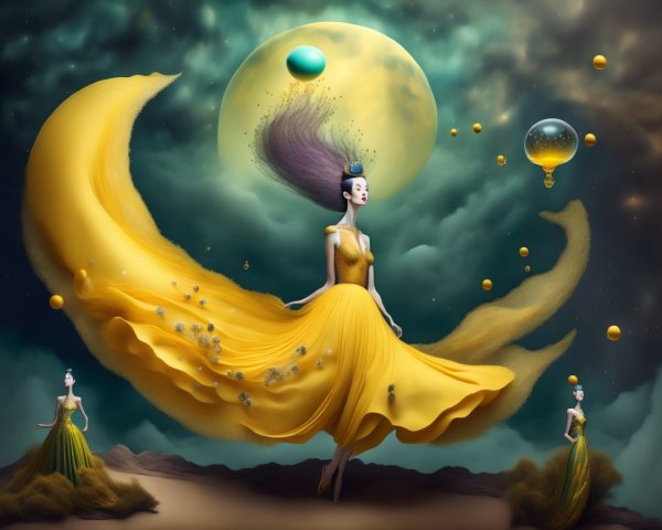 Surreal Scene with Figures in Yellow Gowns and Moon