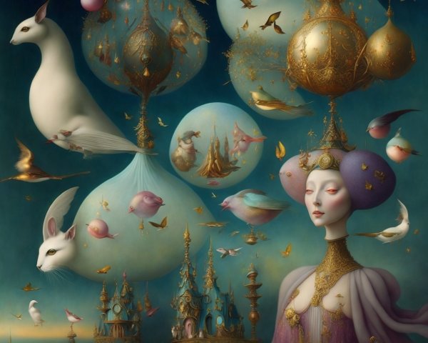 Surreal Landscape with Regal Figure and Ethereal Orbs