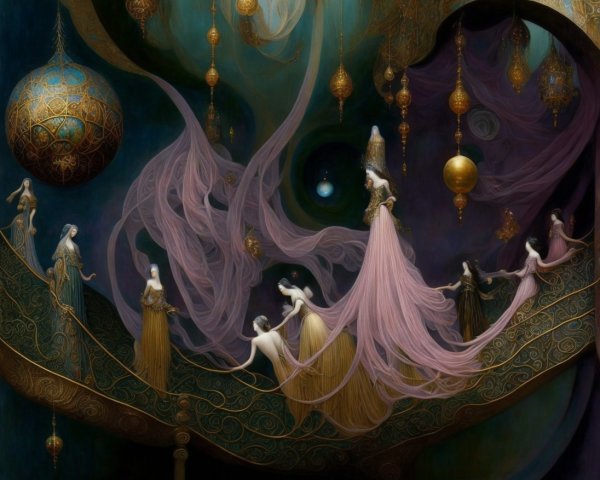Ethereal Figures on an Ornate Staircase in Fantasy Realm