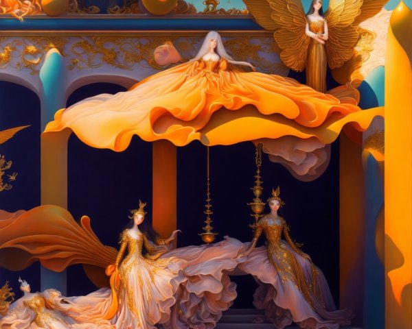 Surreal Scene with Ethereal Figures in Vibrant Gowns