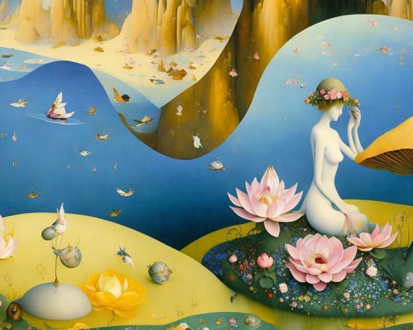 Surreal Landscape with Lotus Flowers and Mushrooms