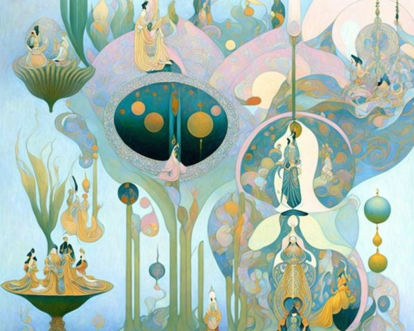 Dreamlike Artwork with Ethereal Figures and Pastel Hues