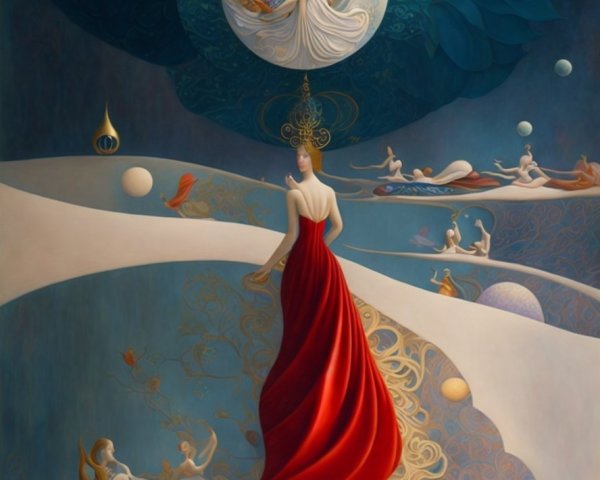 Surreal Scene with Central Figure in Red Gown