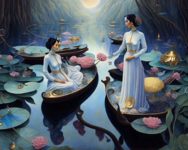 Ethereal Figures on Lily-Covered Waters with Lotuses