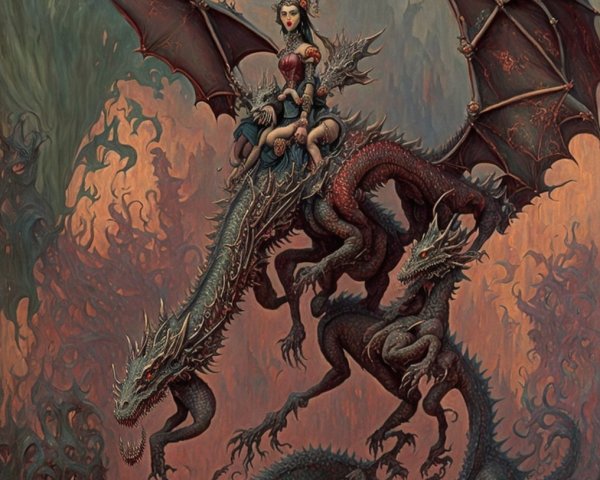 Powerful Woman on Multi-Headed Dragon in Dark Fantasy