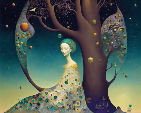 Serene figure in intricate gown beside surreal tree
