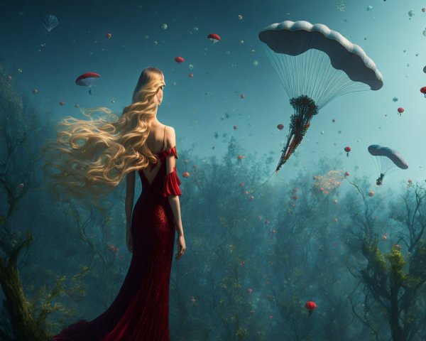 Underwater Scene with Figure in Red Gown and Jellyfish