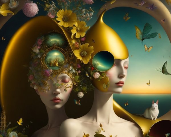 Surreal Figures with Golden Headpieces in Dreamy Landscape