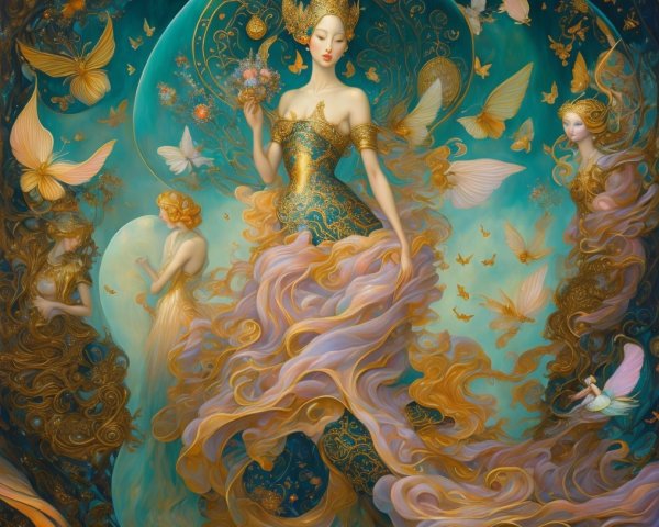 Ethereal scene with elegant figure and vibrant colors