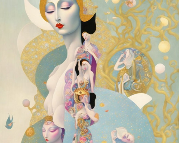 Ethereal Figure Surrounded by Graceful Forms and Nature