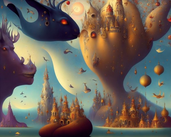 Surreal Landscape with Whimsical Creatures and Architecture