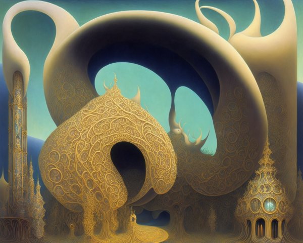 Surreal Landscape with Organic Shapes and Ethereal Towers