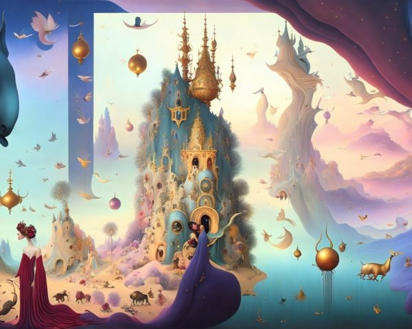 Surreal Landscape with Majestic Mountains and Figures