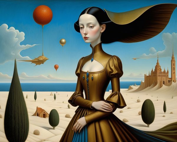 Surreal Landscape with Elegant Woman in Golden Gown