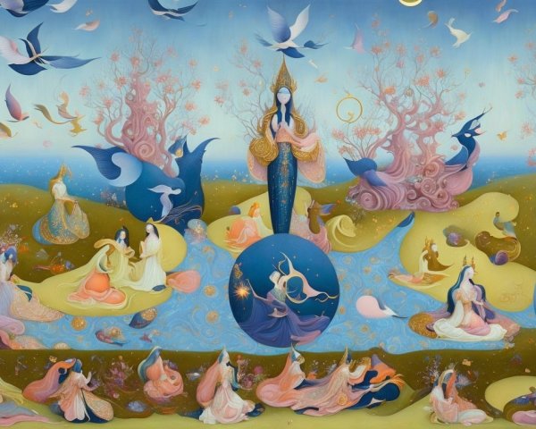 Surreal Dreamlike Landscape with Ethereal Figures
