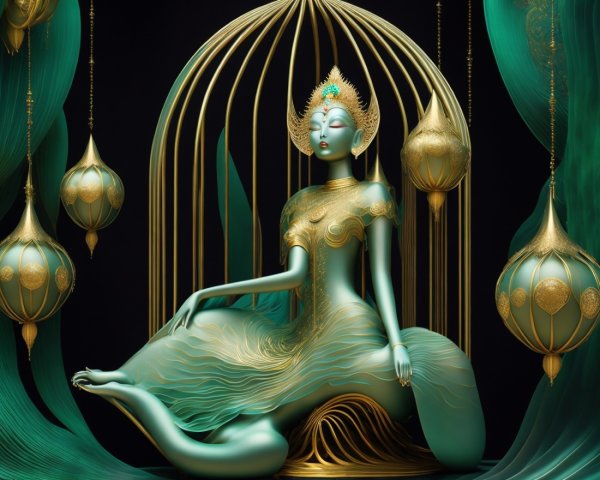 Serene Figure Surrounded by Teal Fabrics and Lanterns