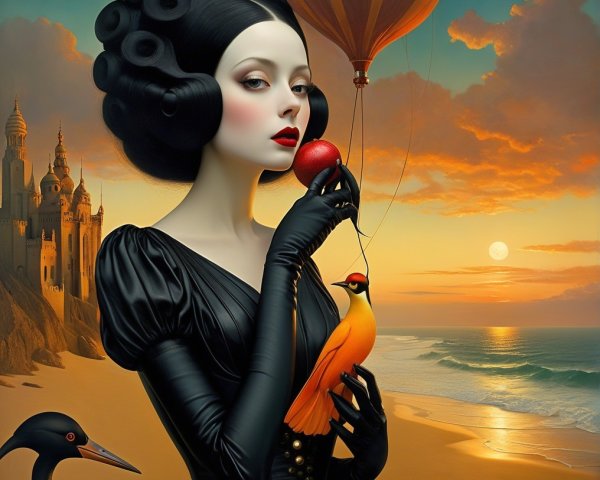 Mysterious Woman in Black Dress at Sunset Scene