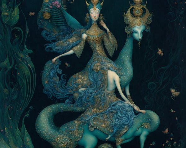 Fantastical figure in blue garments with mythical creature
