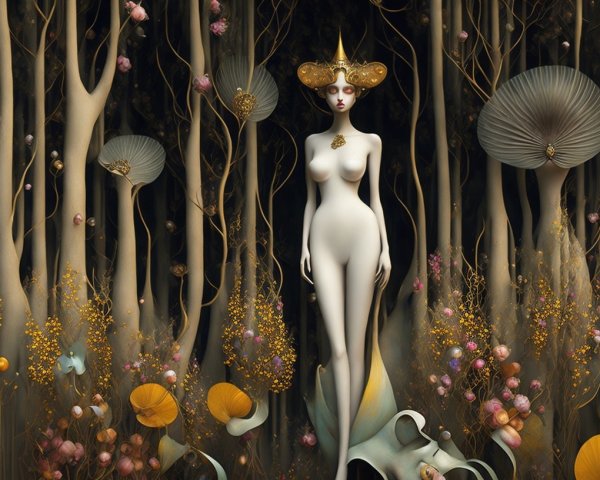 Surreal Forest Scene with Ethereal Flora and Figure