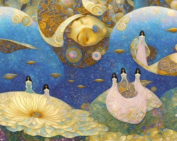 Dreamlike Landscape with Floating Figures and Flowers