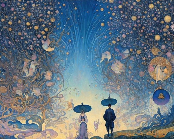 Couple Walking with Umbrellas in Enchanting Forest