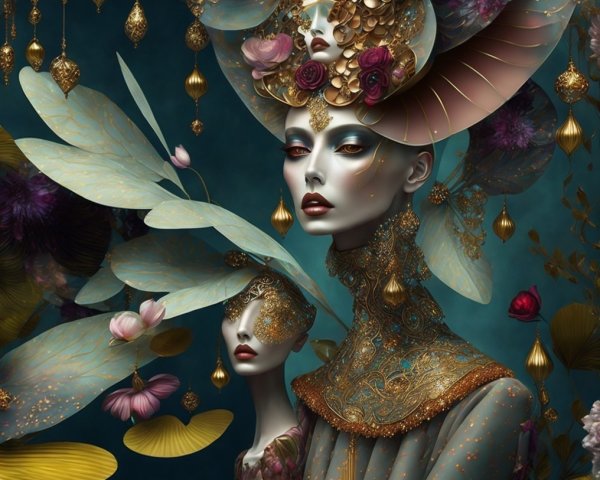 Ethereal Figures in Nature-Inspired Attire and Headdresses