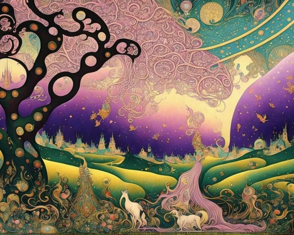 Vibrant Fantastical Landscape with Unicorns and Stars