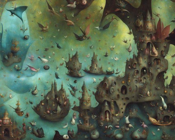 Surreal Painting with Floating Islands and Hybrid Creatures