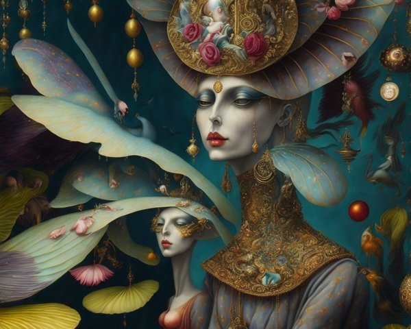 Ethereal Figures in Ornate Headdresses and Nature