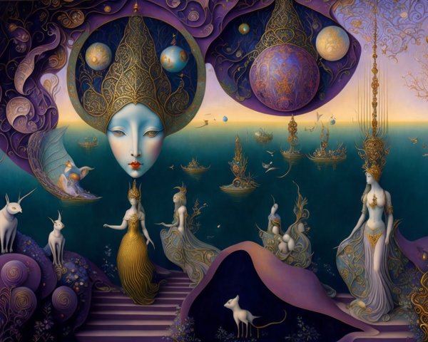 Surreal Landscape with Ethereal Figures and Ocean