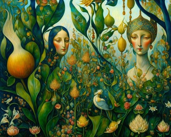 Surreal Artwork of Ethereal Figures in Colorful Flora