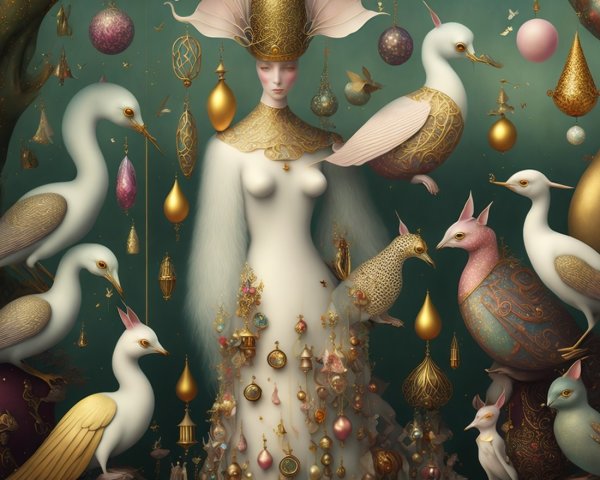 Fantastical Figure with Golden Headdress and Birds